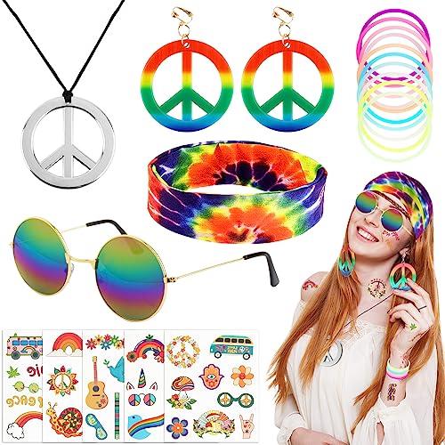 BOFUNX Hippie Kostüm Set, 60er 70er Jahre Kostüm Zubehör Haarband Halskette Ohrring Brille Armband Hippie Tattoos Wassertransfer Hippie Accessoires Damen Herren Hippie Party Karneval Cosplay von BOFUNX