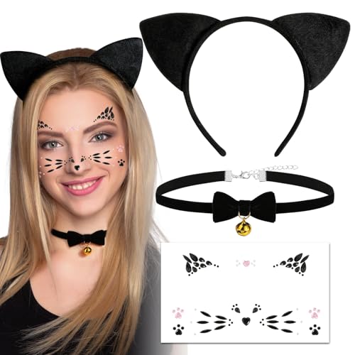 BOFUNX Katzen Kostüm Accessoires, Katzenohren Haarreif + Katzen Gesicht Sticker + Schleife Halsband für Karneval Damen Katzenkostüm von BOFUNX