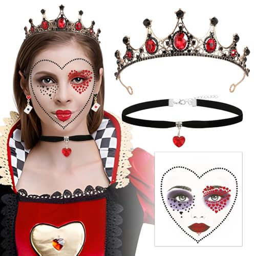 BOFUNX Königin Kristallkrone + Herz Gesichtstattoo + Halskette Choker + Poker Ohrringe, Königin Kostüm für Fasching Karneval Mottoparty Halloween Cosplay von BOFUNX