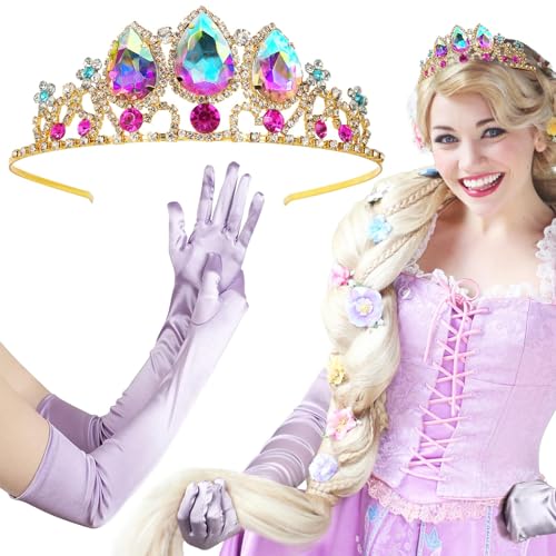 BOFUNX Kristallkrone Tiara Strass Krone + Satin Handschuhe Lang Handschuhe, Prinzessin Kostüm Accessoires für Fasching Karneval Mottoparty Cosplay von BOFUNX