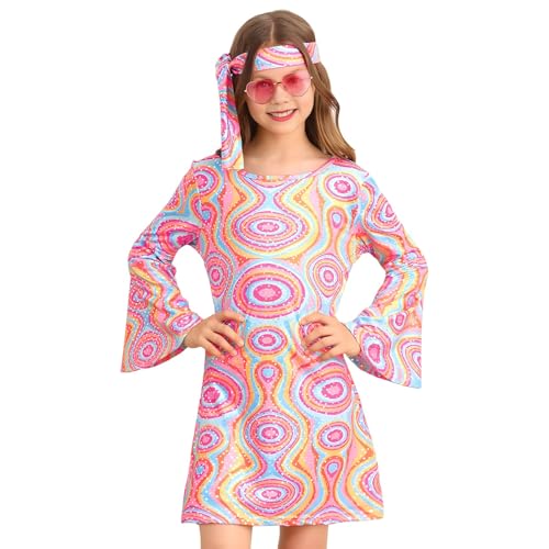 BOFUNX Mädchen Disco Diva Hippie Kostüm, Hippie Brillen Kleid und Kopftuch Faschingskostüm Kinder Mädchen für Fasching Karneval Party Cosplay Kostüm L von BOFUNX