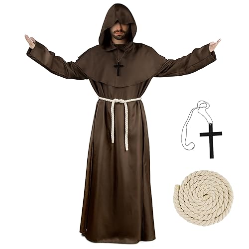 BOFUNX Mönch Robe Kostüm mit Halskette Kreuz Priester Kostüm Mönch Gewand Kostüm Kapuzenmönch Mittelalter Renaissance Mönch Kostüm Halloween Cosplay (L, Braun) von BOFUNX