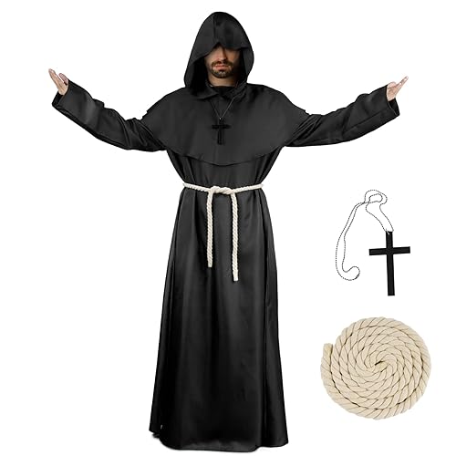 BOFUNX Mönch Robe Kostüm mit Halskette Kreuz Priester Kostüm Mönch Gewand Kostüm Kapuzenmönch Mittelalter Renaissance Mönch Kostüm Halloween Cosplay (XL, Schwarz) von BOFUNX