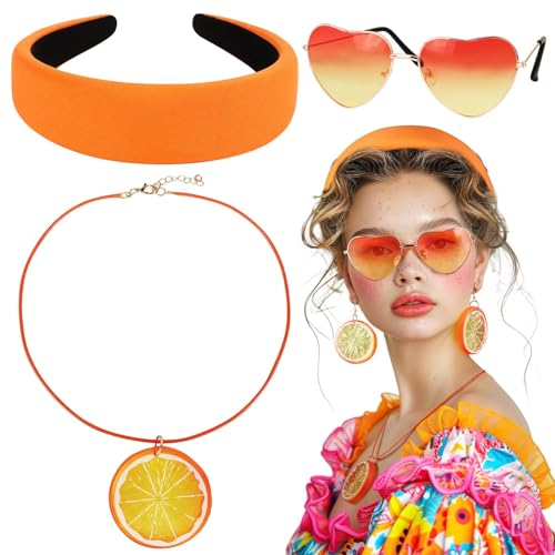 BOFUNX Orange Haarreif + Orangenscheibe Ohrringe + Orangenscheibe Halskette + Herz Brille, Obst Orange Kostüm Faschingskostüm für Karneval Mottoparty Cosplay von BOFUNX