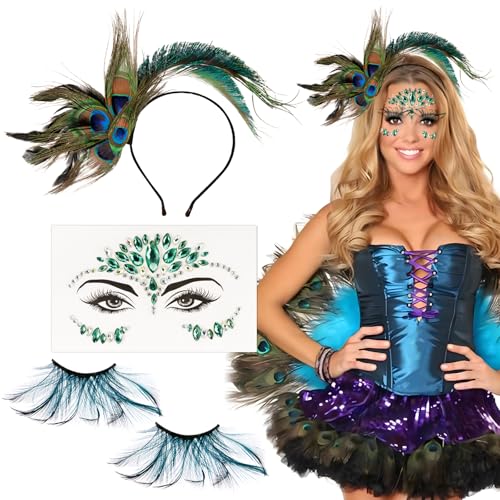 BOFUNX Pfau Kostüm Accessoires, Pfau Federn Haarreif + Glitzer Gesicht Tattoos + Falsche Wimpern Damen Pfau Kostüm 20er Jahre Kostüm Accessoires für Fasching Karneval Mottoparty Tanz Maskeraden von BOFUNX