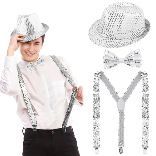 BOFUNX Silvester Kostüm Accessories, Pailletten Zylinder Hut Hosenträger und Fliege glitzer Silvester Outfit für Karneval Mottoparty JGA Herren Damen Kostüm Zubehör von BOFUNX