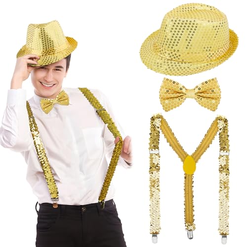 BOFUNX Silvester Kostüm Accessories, Pailletten Zylinder Hut Hosenträger und Fliege glitzer Silvester Outfit für Karneval Mottoparty JGA Herren Damen Kostüm Zubehör von BOFUNX