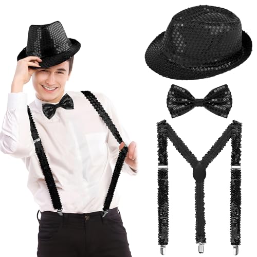 BOFUNX Silvester Kostüm Accessories, Pailletten Zylinder Hut Hosenträger und Fliege glitzer Silvester Outfit für Karneval Mottoparty JGA Herren Damen Kostüm Zubehör von BOFUNX