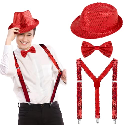 BOFUNX Silvester Kostüm Accessories, Pailletten Zylinder Hut Hosenträger und Fliege glitzer Silvester Outfit für Karneval Mottoparty JGA Herren Damen Kostüm Zubehör von BOFUNX