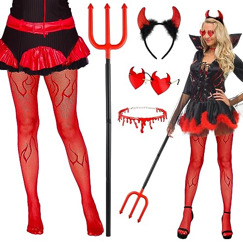 BOFUNX Teufelshörner Kostüm Set Teufelshörner Teufelsgabel Teufel Brillen mit Blutige Halskette Strumpfhose Halloween Party Zubehör für Erwachsene Damen Karneval Cosplay von BOFUNX