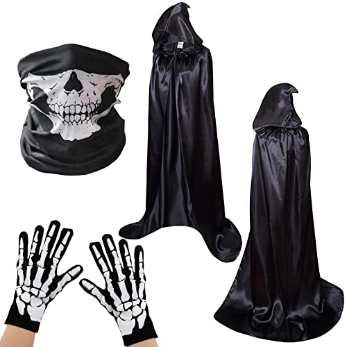 BOFUNX Vampir Umhang mit Kapuze Halloween Kostüm Set mit Schädelmaske, Handschuhen Vampir Kostüme Vampir Cape Kapuzenumhang Schwarz von BOFUNX