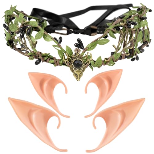 BOFUNX Waldfee Stirnband mit 2 Paar Elfenohren Elfe Waldfee Kopfschmuck Feenblätter Krone Stirnband Feen Kreis Tiara Haarschmuck für Hochzeit Karneval Halloween Cosplay von BOFUNX