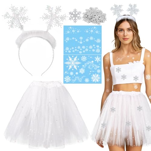 BOFUNX Weiß Tüllrock Glitzer Tutu Rock Minirock + Haarreif mit Schneeflocken Haarband + 2pcs Schneeflocken Tattoos + 15pcs Schneeflocken Aufnäher für Fasching Karneval Mottoparty Cospaly Kostüm von BOFUNX