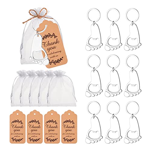 BOGEEL Schlüsselanhänger in Form eines Baby-Fußabdrucks, Flaschenöffner mit Organza-Beuteln und Dankeschön, Babyparty-Souvenir, Partygeschenk, 10 Stück von BOGEEL