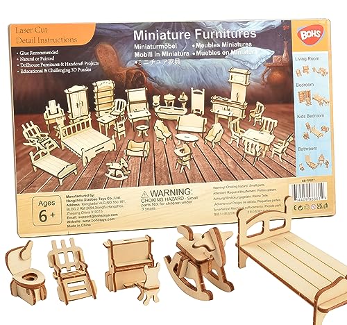 BOHS 34 Stück Puppenhausmöbel Bastelset - Holz 3D Puzzle - Miniaturmodelle Puppenhaus Zubehör - ab 6 Jahren von BOHS