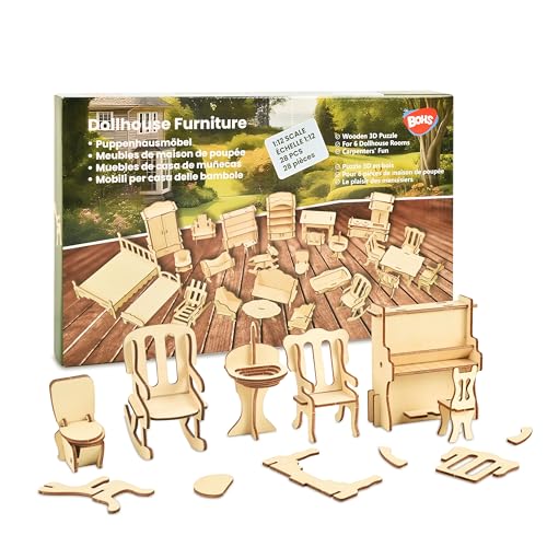 BOHS Puppenhaus-Möbel-Set im Maßstab 1:12 – 3D-Puzzles aus Holz – 28 Stück Puppenhaus-Möbel für sechs Räume von BOHS