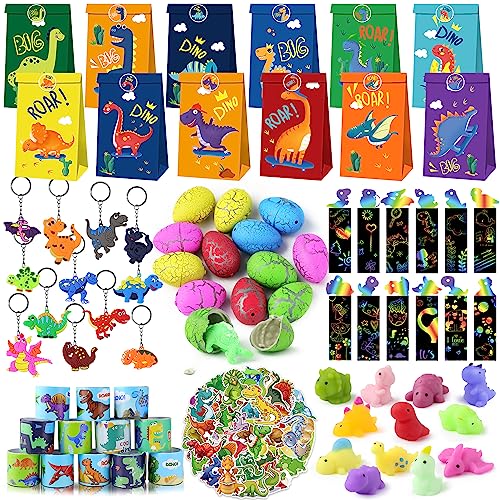 BOIKOKY 122PCS Dino Mitgebsel Kindergeburtstag, Dinosaurier Party Geschenktüten mit Schlüsselanhänger Aufkleber Schnapparmband Dino Eier Give Aways Kindergeburtstag für Junge von BOIKOKY