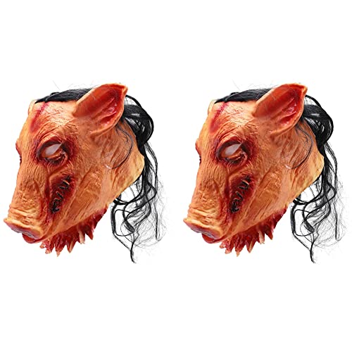 BOLAXHCA 2X Halloween Unheimlich Masken Neuheit Pig Kopf Grusel mit Haar Masken Totenkopf mit Gekreuzter Knochen von BOLAXHCA