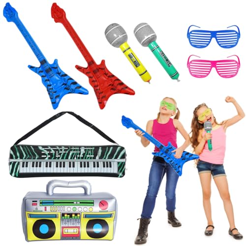 8 Stück Aufblasbare Instrumente Set , Aufblasbare Gitarre Kinder , luftgitarren zum aufblasen , Aufblasbare Bass Mikrofon Aufblasbar mit Partybrille für Musikparty Pool Party Karnevals von BONHHC