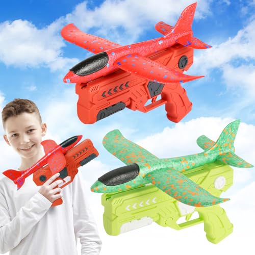 BONHHC Styropor Flugzeug, 2 Set Styropor Flugzeuge für Kinder, Flugzeug Spielzeug, Styroporflieger Kinder, Wurfgleiter Styroporflieger mit Katapult Pistole für Geschenke Spiele im Freien (Grün) von BONHHC