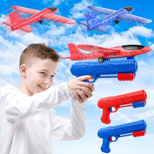 Styropor Flugzeug, 2 Set Styropor Flugzeuge für Kinder, Flugzeug Spielzeug, Styroporflieger Kinder, Wurfgleiter Styroporflieger mit Katapult Pistole für Geschenke Spiele im Freien (Blau) von BONHHC