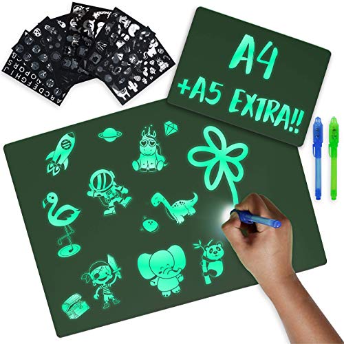 Maltafel Zaubertafel A4 und A5 6 Schablonen 2 UV Stift Spielzeug ab 3 Jahre - BONNYCO | Jungen und Mädchen Geschenke 3 4 5 6 7 8 9 Jahre | Magic Drawing Pad Kinder Spielzeug Geburtstag und Weihnachten von BONNYCO