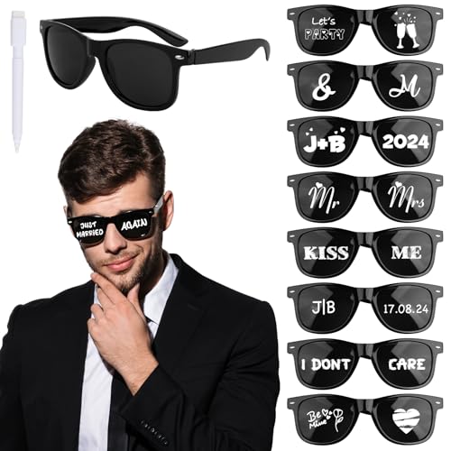 BOOMTOP 12 Stück Party Sonnenbrille Set Personalisiert Hochzeit JGA Brille Schwarz Damen Herren Lustige Partybrille Hippie Brillen mit Stift Junggesellenschied Deko für Strand Karneval Mottoparty von BOOMTOP