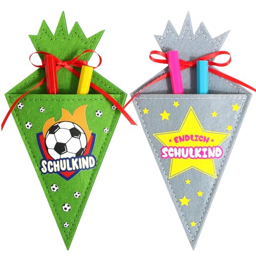 BOOMTOP 2 Schultüten Klein Filz Bestecktasche Geschenktüte Einschulung Tischdeko Junge Mädchen Fußball Sterne Geschwistertüte Mini Zuckertüte Schultüte Füllung Idee Schulanfang Geschenk von BOOMTOP