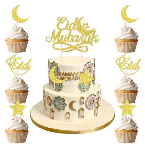 BOOMTOP 22pcs Eid Mubarak Cake Topper Ramadan Kuchen Deko Gold Glitzer Torten Topper Mond Sterne Cupcake Topper Muslimischen Kuchendekoration Tortenaufsatz von BOOMTOP