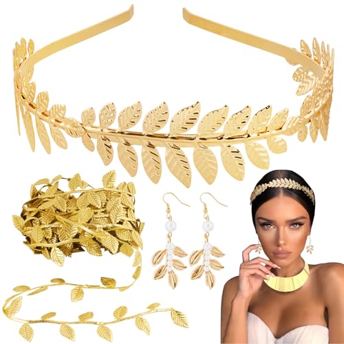 BOOMTOP 3 Stück Römische Göttin Kostüm Damen Haarreif Lorbeerkranz mit 5 Meter Künstliche Reben Blätter und Ohrringe Gold Braut Kopfschmuck Haarband Hochzeit Karneval Fasching Kostüm Accessories von BOOMTOP