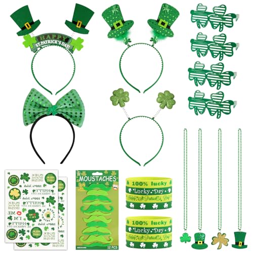 BOOMTOP 34pcs St. Patrick's Day Kostüm Accessoires Haarreif Sonnenbrillen St. Patricks Day Brille Kleeblatt Deko Temporäre Tattoos Grün Halskette Armbänder Irische Deko Party Dekoration von BOOMTOP