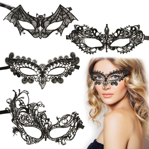 BOOMTOP 4 Stück Spitze Maske Venezianische Maske Damen Lace Masken Kostüm Schwarz Masquerade Maskenball Augenmaske Fledermausmaske Fasching Gesichtsmaske für Halloween Karneval Gothic Cosplay von BOOMTOP