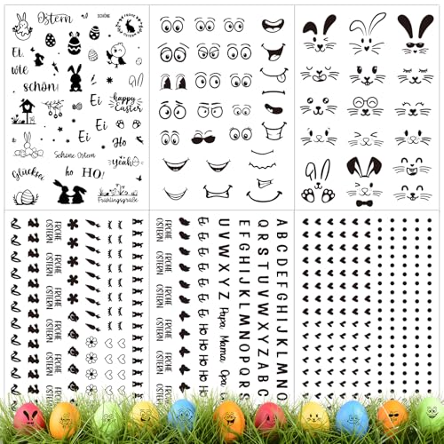 BOOMTOP 6 Bögen Ostern Eier Sticker Eierfarben Ostern Deko Aufkleber Ostereier Färben Lustige Gesichter Augen Mund Frohe Ostern Basteln Buchstaben Herzchen Osterhase Aufkleber Osterdekoration Schwarz von BOOMTOP