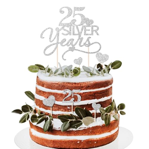 BOOMTOP 7 Stück Tortendeko Silberne Hochzeit Cake Topper 25 Silver Years Kuchendeko Silber Glitzer 25 Jahre Jahrestag Geburtstag Torten Topper Tortenstecker Silberne Hochzeit Jubiläum Dekoration von BOOMTOP