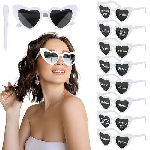 BOOMTOP 8 Stück Herz Sonnenbrille Weiß Herz Brillen Hochzeit JGA Brille Damen Vintage Hippie Brillen Personalisiert Lustige Partybrille mit Stift Junggesellenschied Deko für Karneval Mottoparty von BOOMTOP