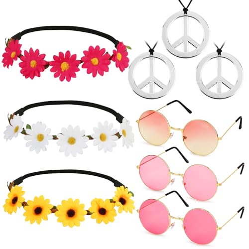 BOOMTOP 9pcs Hippie Kostüm Karneval Accessories Blumenkranz Haare Sonnenblumen Haarbänder Hippie Sonnenbrillen Rund Brillen Peace Halsketten Damen Männer 60er 70er Jahre Disco Fasching Mottoparty von BOOMTOP