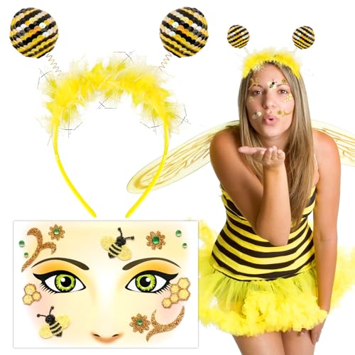 BOOMTOP Biene Kostüm Haarreif Biene mit Wackel Bommeln Karneval Kostüm Geischtstattoo Biene Temporäre Tattoos Fasching Kostüm Haarschmuck Accessoires Mottoparty Cosplay von BOOMTOP