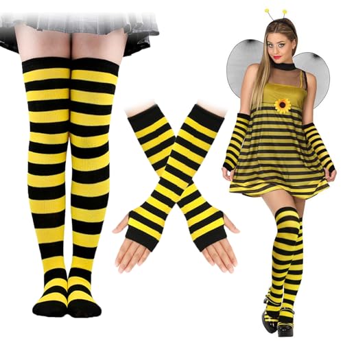 BOOMTOP Biene Kostüm Strümpfe Stulpen Bienen Fingerlose Handschuhe Schwarz Gelb Gestreift Beinwärmer Biene Karneval Kostüm Overknees gestrickte Strümpfe Fasching Accessoires Animal Party Mottoparty von BOOMTOP