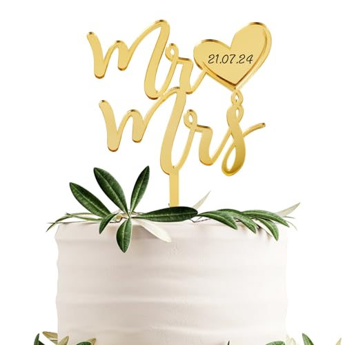 BOOMTOP Cake Topper Hochzeit Mr & Mrs Deko Hochzeit Tortendeko Acryl Hochzeitstorte Deko Tortenstecker zum Beschriften Spiegeleffekt Personalisierte Kuchen Topper Gold für Verlobung Hochzeitstag von BOOMTOP