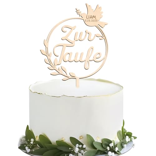 BOOMTOP Cake Topper Zur Taufe Personalisiert Name Tortendeko Holz Taufe Kommunion Taube Kuchen Cupcake Topper Kuchendekoration zum Beschriften Kuchenstecker Kuchenaufsatz 24x14cm von BOOMTOP