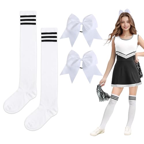 BOOMTOP Cheerleader Kostüm Damen Strümpfe Overknee Kniestrümpfe mit Haarschleife Groß Haargummis Cheerleading Kostüm Kinder Schwarz Rot Blau High School Cheerleader Outfit Karneval Fasching Halloween von BOOMTOP