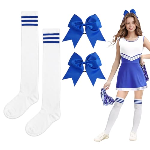 BOOMTOP Cheerleader Kostüm Damen Strümpfe Overknee Kniestrümpfe mit Haarschleife Groß Haargummis Cheerleading Kostüm Kinder Schwarz Rot Blau High School Cheerleader Outfit Karneval Fasching Halloween von BOOMTOP