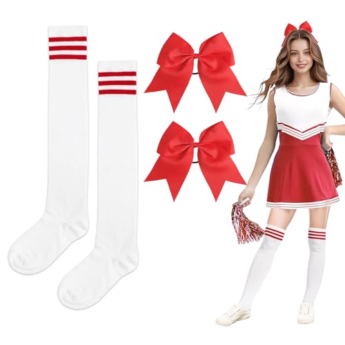 BOOMTOP Cheerleader Kostüm Damen Strümpfe Overknee Kniestrümpfe mit Haarschleife Groß Haargummis Cheerleading Kostüm Kinder Schwarz Rot Blau High School Cheerleader Outfit Karneval Fasching Halloween von BOOMTOP