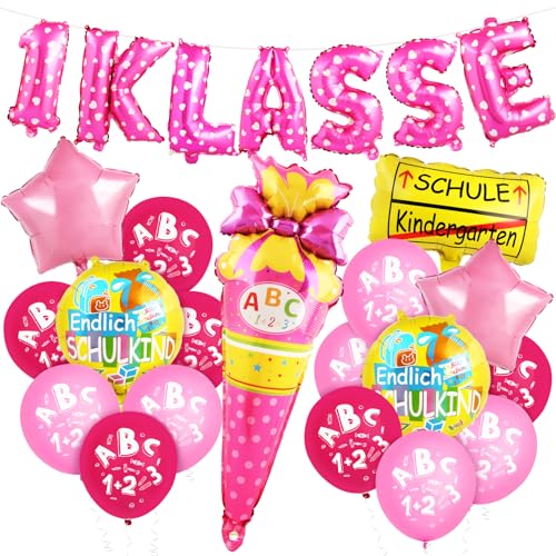 BOOMTOP Einschulung Deko Mädchen Luftballons Set 19pcs Folienballon Schulkind Schulanfang Deko Rosa Folien Ballon Zuckertüte Endlich Schulkind 2024 Erste Klasse ABC Schuleinführung Dekoration von BOOMTOP