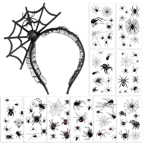 BOOMTOP Halloween Haarreif Spinnen Netz Haarband mit 10 Spinnen Temporäre Tattoos Halloween Hexen Kostüm Accessoires Haarschmuck Hexenhut Zubehör für Karneval Fasching Mottoparty von BOOMTOP