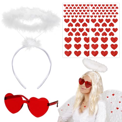 BOOMTOP Heiligenschein Engel Haarreif Weiß 4pcs Engelskostüm Kinder Damen Amor Kostüm Zubehör mit Glitzer Herz Aufkleber Herz Sonnenbrillen für Karneval Fasching Weihnachten Valentinstag Mottoparty von BOOMTOP