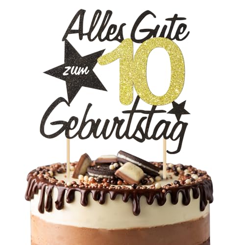 BOOMTOP Torten Deko 10 Geburtstag Deko Kuchen Junge Mädchen Happy 10th Birthday Cake Topper Alles Gute zum Geburtstag 10 Jahre Kindergeburtstag Kuchen Topper 10 Geburstagstorte Deko Gold Schwarz von BOOMTOP