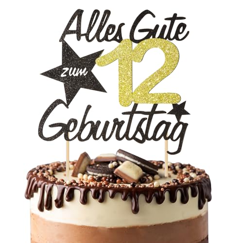 BOOMTOP Torten Deko 12 Geburtstag Deko Kuchen Junge Mädchen Happy 12th Birthday Cake Topper Alles Gute zum Geburtstag 12 Jahre Kindergeburtstag Kuchen Topper 12 Geburstagstorte Deko Gold Schwarz von BOOMTOP