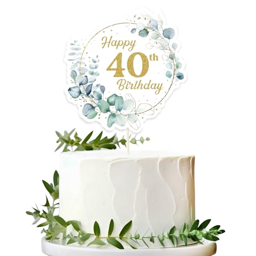 BOOMTOP Torten Deko 40 Geburtstag Happy 40th Birthday Eukalyptus Alles Gute zum Geburtstag 40 Jahre Gold Tortendeko Cake Topper Kuchen Topper Kuchendeko 40 Geburstagstorte Deko Männer Frauen von BOOMTOP