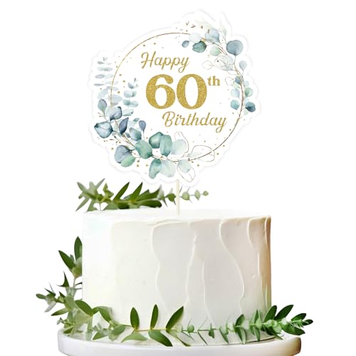 BOOMTOP Torten Deko 60 Geburtstag Happy 60th Birthday Eukalyptus Alles Gute zum Geburtstag 60 Jahre Gold Tortendeko Cake Topper Kuchen Topper Kuchendeko 60 Geburstagstorte Deko Männer Frauen von BOOMTOP